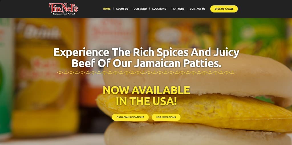 TimNel's homepage before the redesign, with the headline Experience The Rich Spices And Juicy Beef Of Our Jamaican Patties.