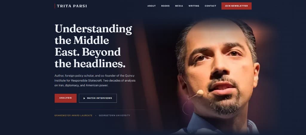 Trita Parsi homepage after the redesign, with the headline Understanding the Middle East. Beyond the headlines.